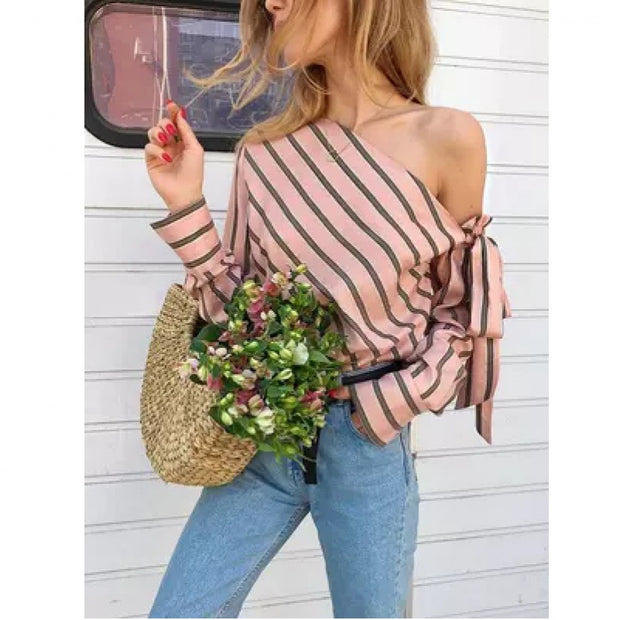 Damen asymmetrische Bluse mit Streifen und verspielten Bindebändern WW