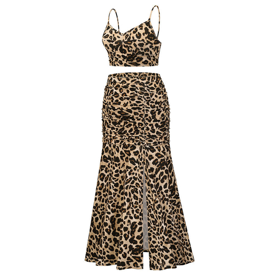 WW | Spaghetti-Träger Ohne Ärmel Crop Top Hohes Slitz Langer Rock Set