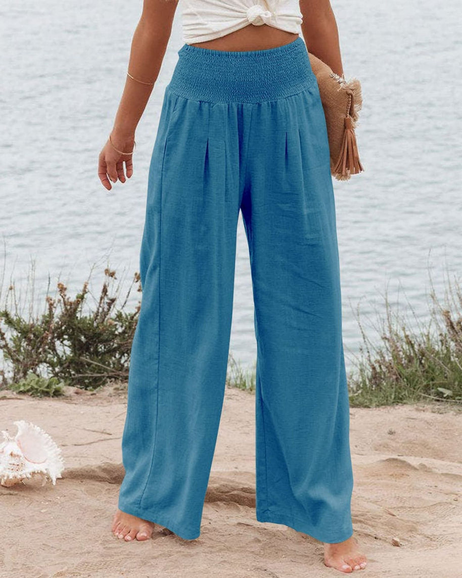 Damen Weite Leinenhose mit elastischem Bund und Falten WW
