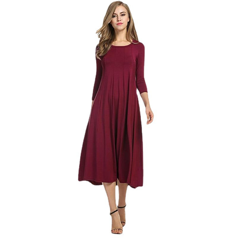 WW | Quadrat-Ausschnitt 3/4-Lange Uni-Farbe Midi-Kleid