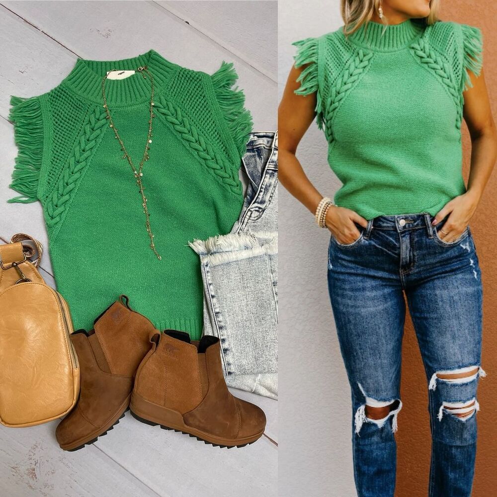 Damen elegantes Stricktop mit raffiniertem Häkelmuster und Fransen WW