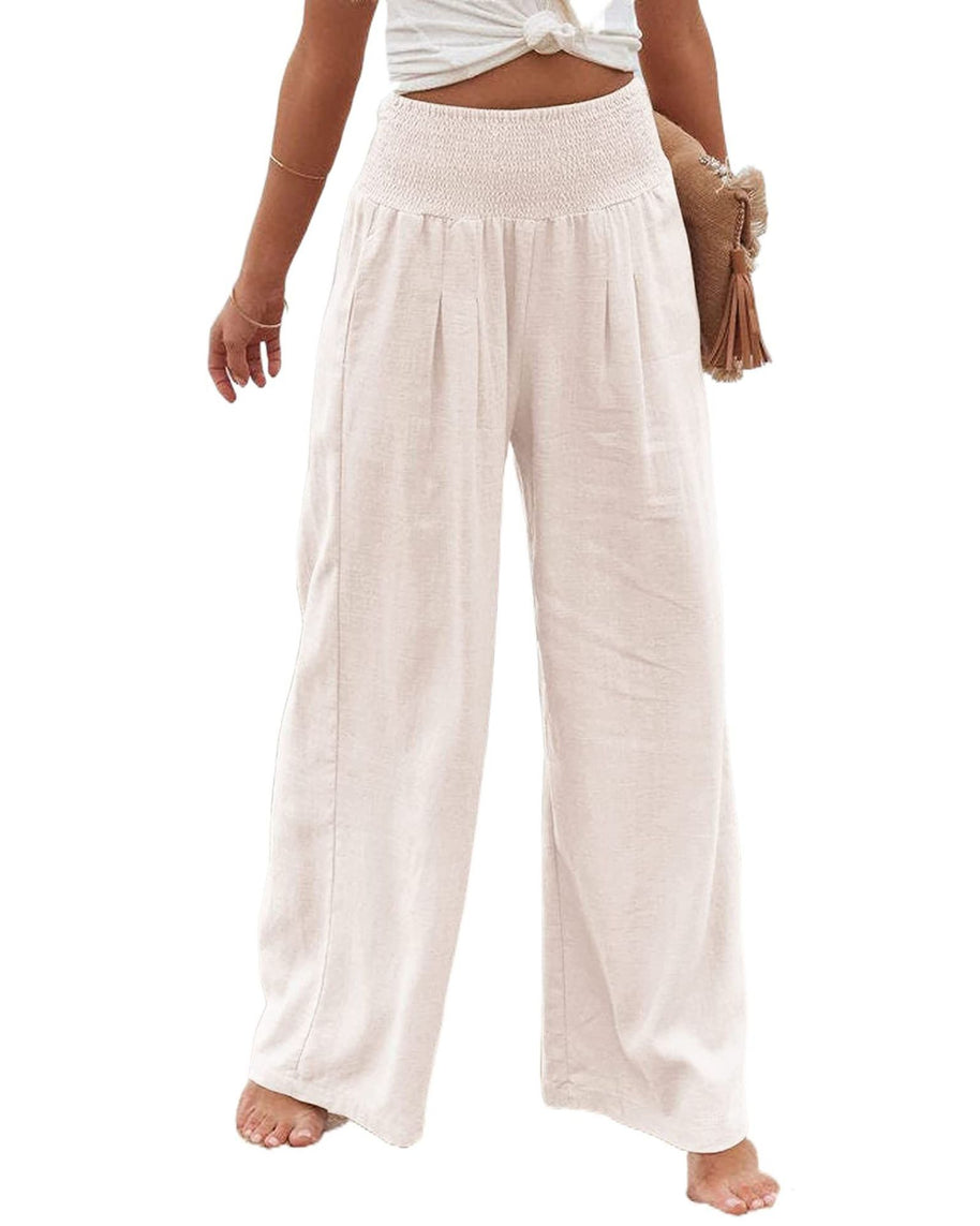 Damen Weite Leinenhose mit elastischem Bund und Falten WW