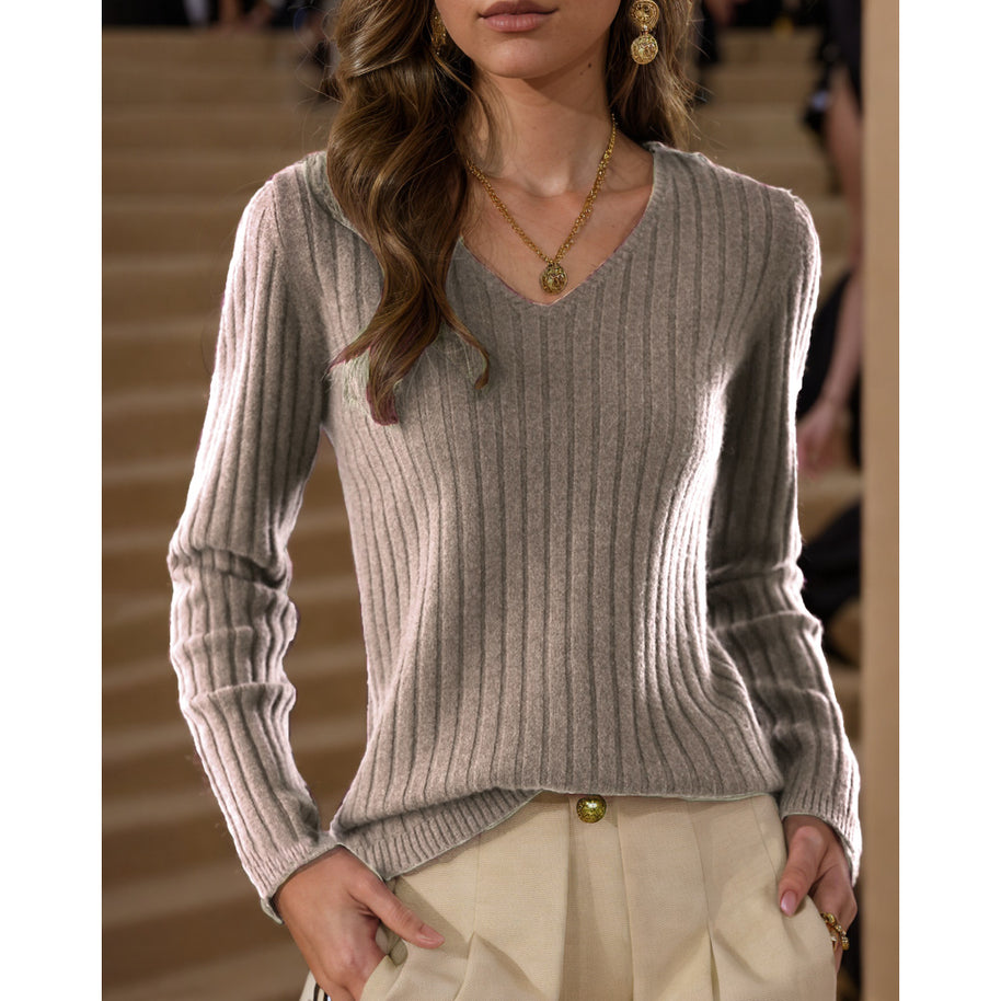 Damen Strickpullover mit V-Ausschnitt und feinem Rippenstrickdesign WW