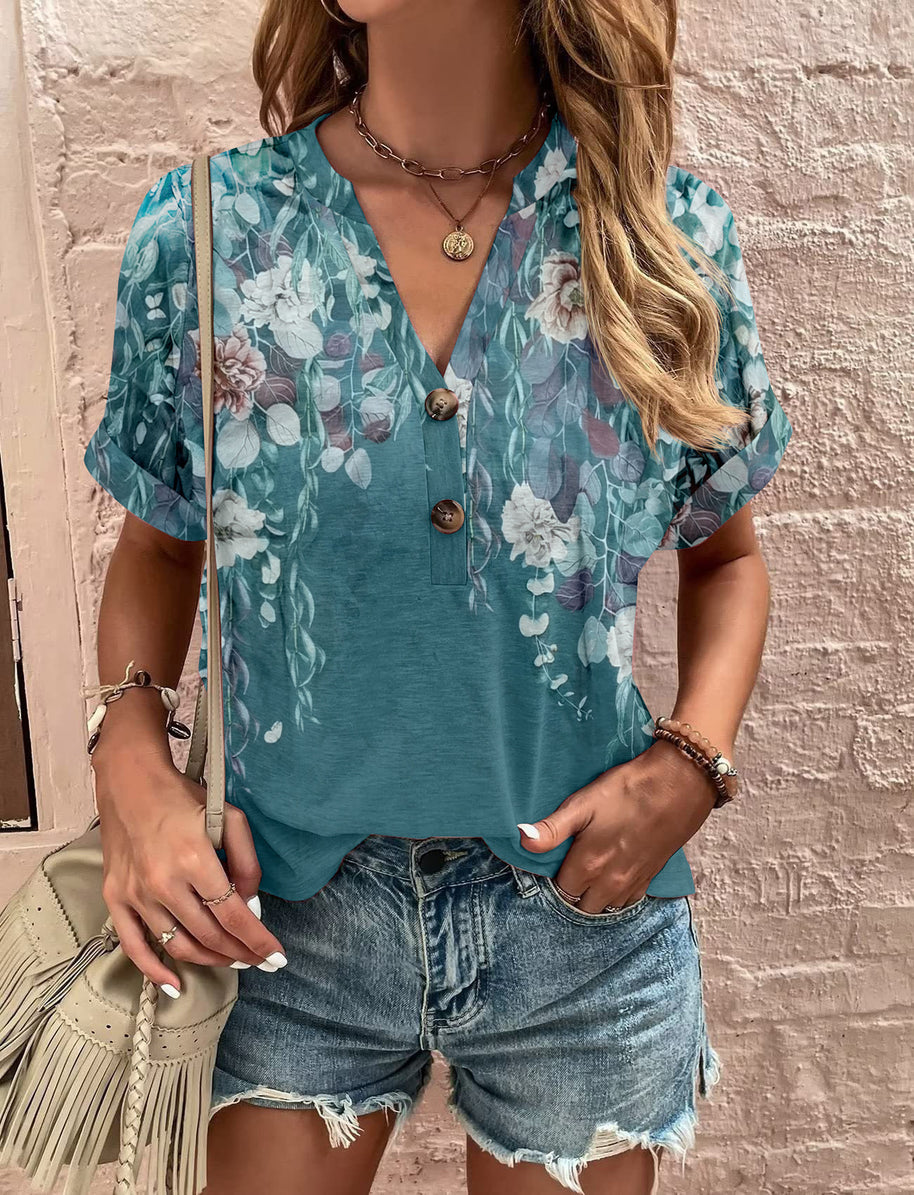 Damen lässiges kurzärmliges Blusenshirt mit verspieltem Paisleymuster und modernen Knopfdetails WW