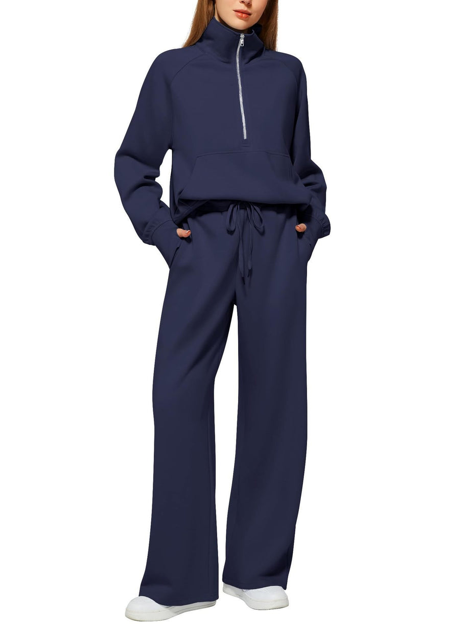 Damen sportliches Sweatset mit hohem Kragen und weitem Bein WW