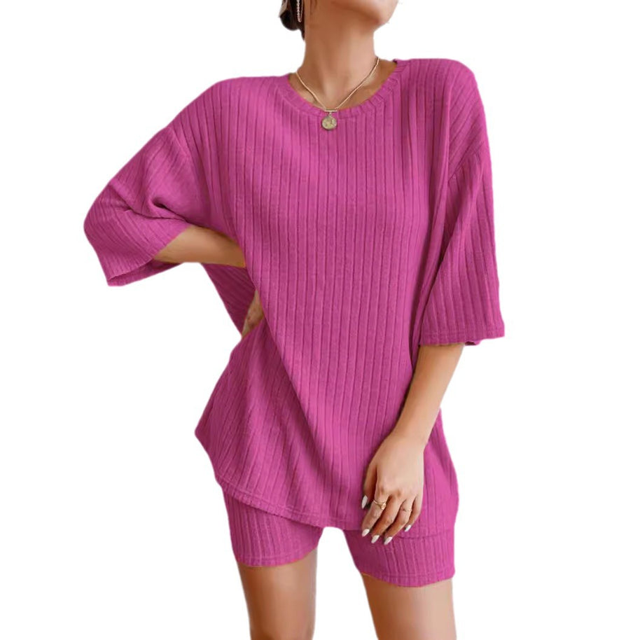 Damen komfortables Kurzarm Set mit Rippstrick und relaxed Schnitt WW
