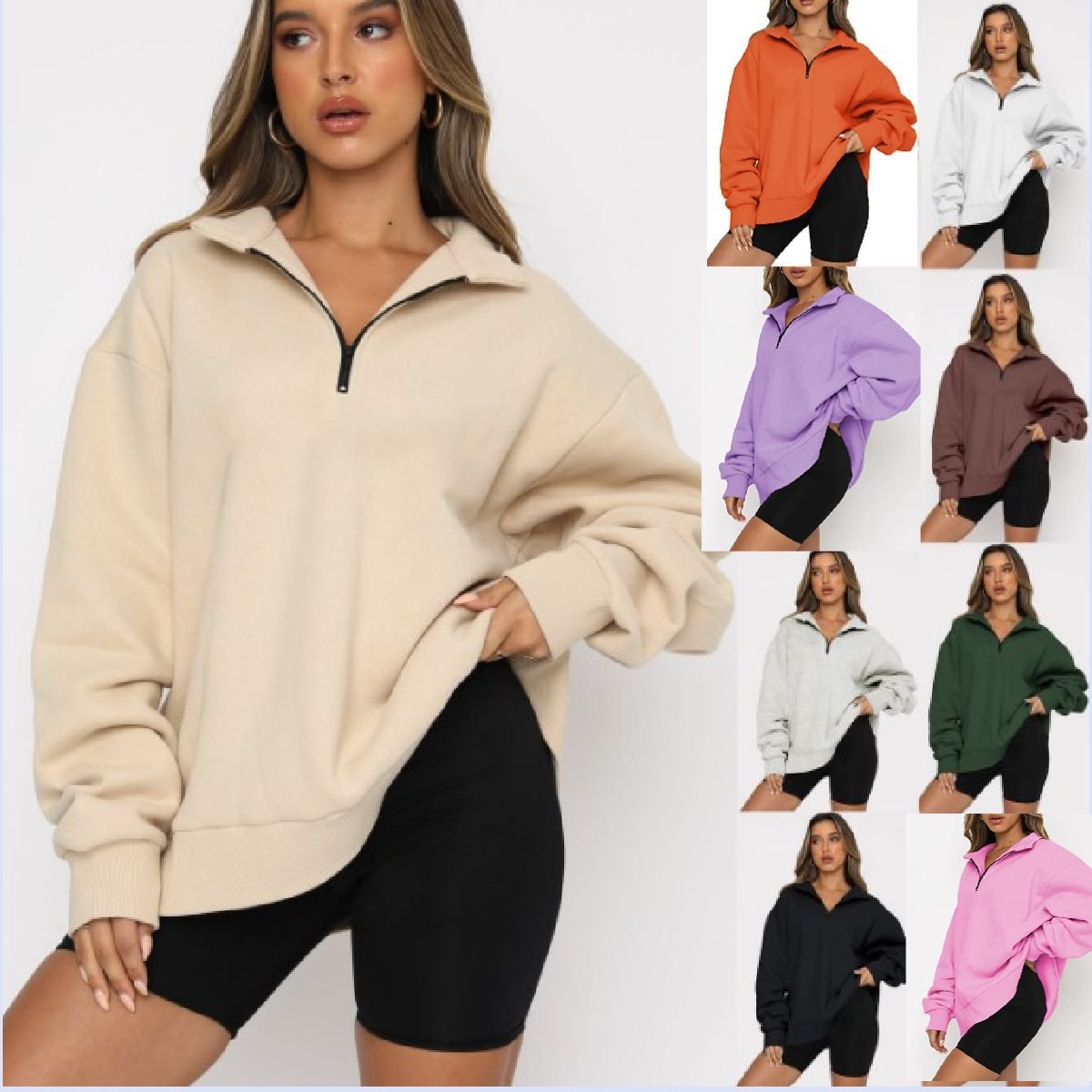 Damen Sportlicher Sweater mit Halbreißverschluss und oversized Passform WW