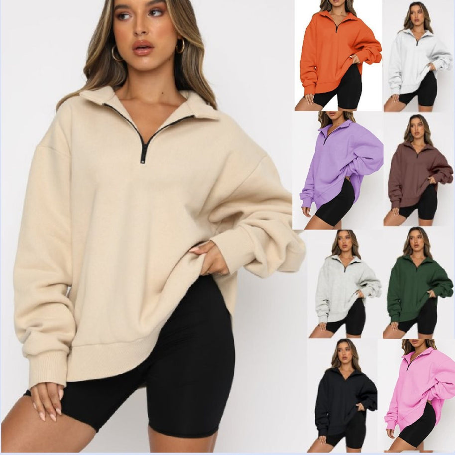 Damen Sportlicher Sweater mit Halbreißverschluss und oversized Passform WW