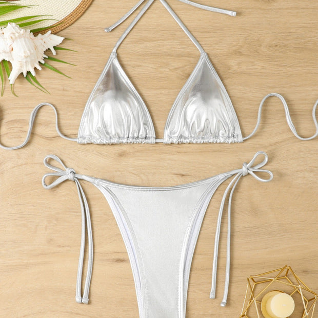 Damen Triangel-Bikini mit funkelndem Metallic-Finish und verstellbaren Bändern WW