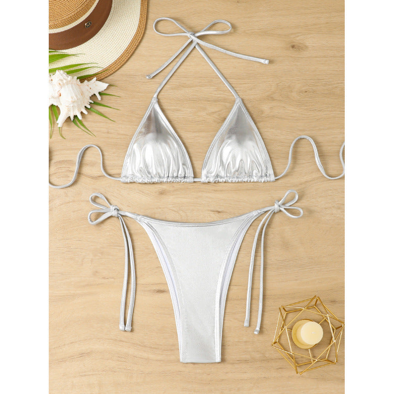 Damen Triangel-Bikini mit funkelndem Metallic-Finish und verstellbaren Bändern WW