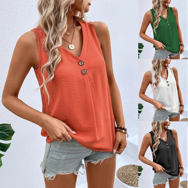 Damen ärmelloses V-Ausschnitt Top mit Knopfdetails WW