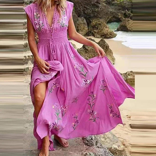 WW | Bohemian Maxi Kleid Mit V-ausschnitt Und Eleganten Stickereien