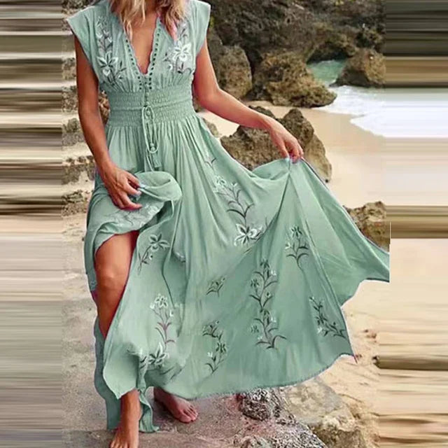 WW | Bohemian Maxi Kleid Mit V-ausschnitt Und Eleganten Stickereien