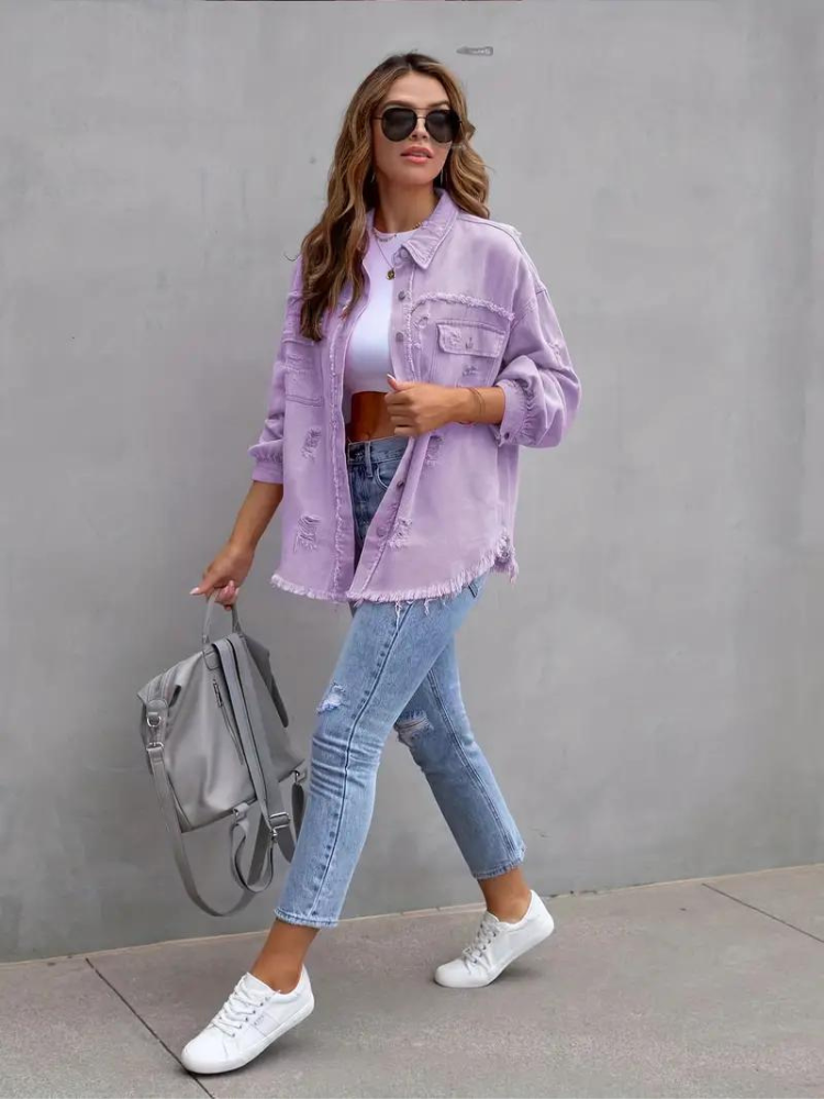 WW Denim Jacke | Übergroße zerrissene Denimjacke für Frauen