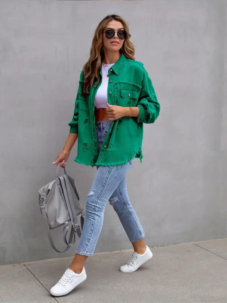WW Denim Jacke | Übergroße zerrissene Denimjacke für Frauen
