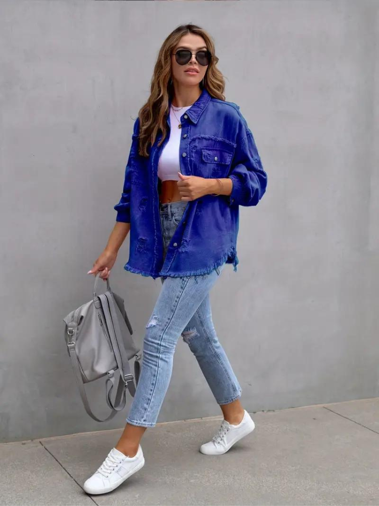 WW Denim Jacke | Übergroße zerrissene Denimjacke für Frauen