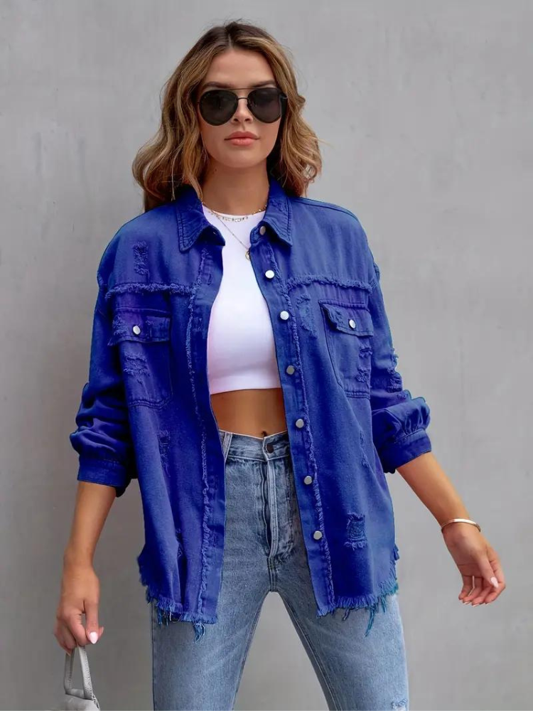 WW Denim Jacke | Übergroße zerrissene Denimjacke für Frauen