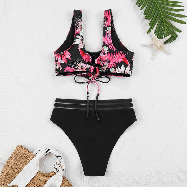 WW | Schnürung Hohe Taille Bikini Frauen Badebekleidung Frauen Badebekleidung Badeanzug Gepolstert Push-Up Blumen Badeanzug Frauen Bikini Set