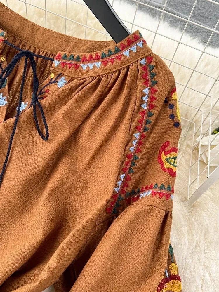 WW | Bestickte Maxikleid aus Leinen mit Laternenärmeln Virjelyn