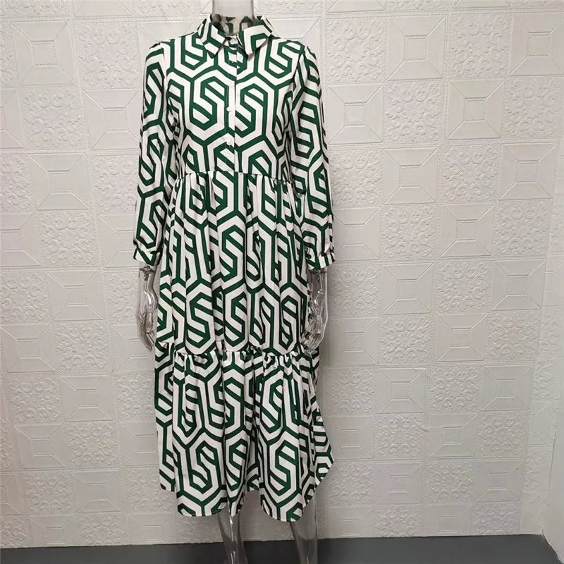 WW | Langarm Maxikleid mit Geometrischem Druck für Frauen Winsett