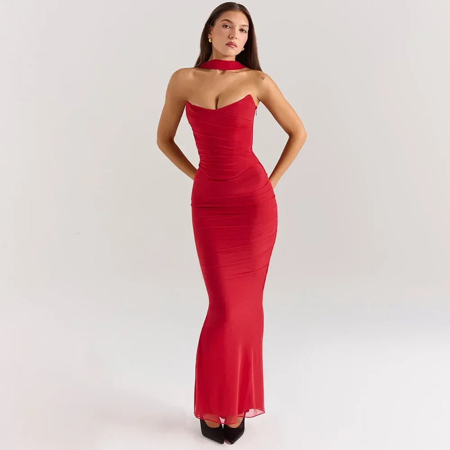 WW | Elegante Frauen 2 Teiliges Kleid Set Strapless Bodycon Crop Top und Maxi Rock Set Formelles Hochzeitsgast Festkleid