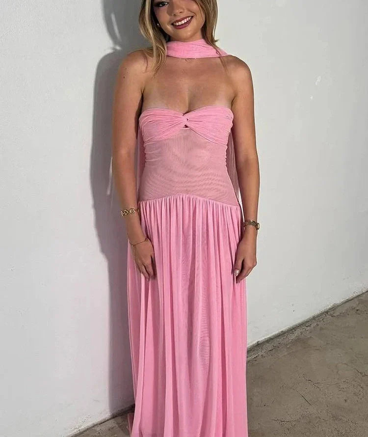 WW | Patchwork Maxi Kleid Schal Rückenfrei Strapless Rüschen Bankett