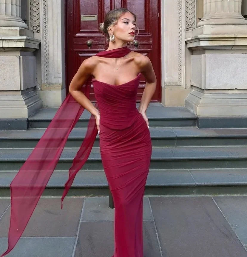 WW | Elegante Frauen 2 Teiliges Kleid Set Strapless Bodycon Crop Top und Maxi Rock Set Formelles Hochzeitsgast Festkleid