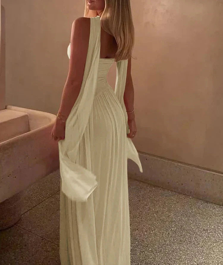 WW | Patchwork Maxi Kleid Schal Rückenfrei Strapless Rüschen Bankett
