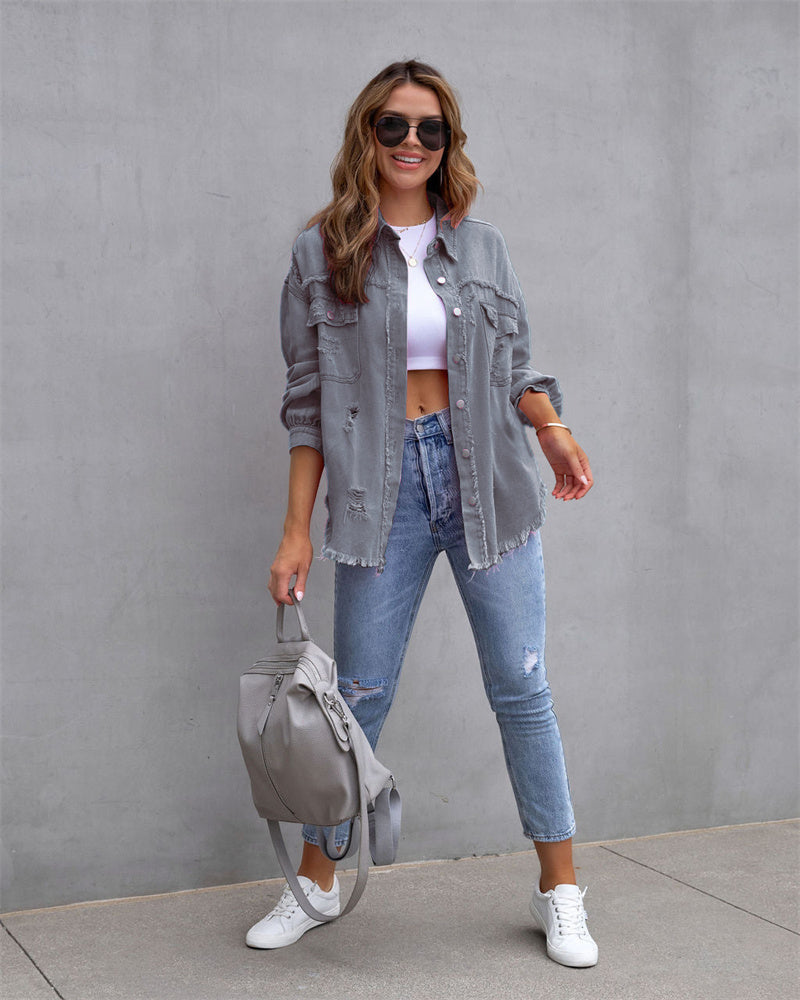 Shirt-Style Jeancoat mit Löchern