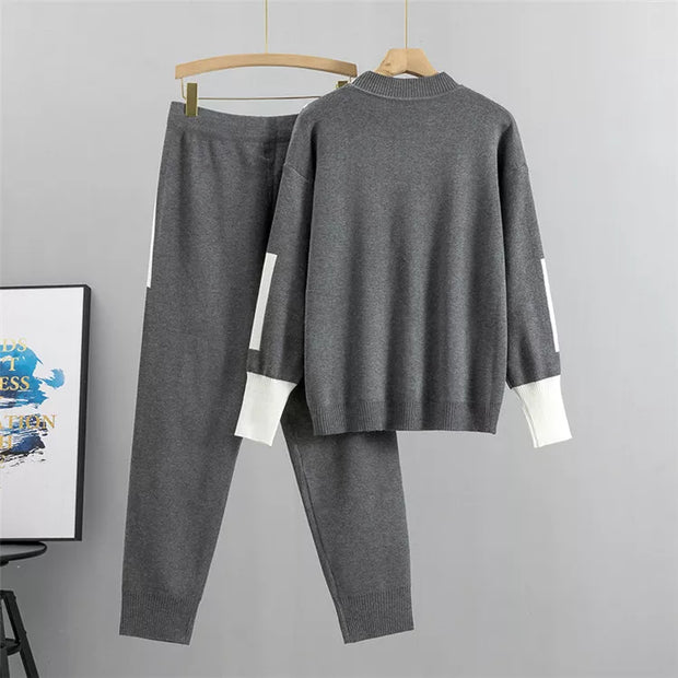 WW | Lässiges Herbst Strick Patchwork Oberteil und Hose Set für Frauen