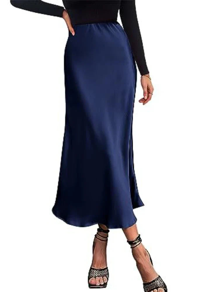 WW | Frauen Satin Seiden Röcke Sommer Frühling Koreanische Mode Kleidung Büro Damen Lange Röcke Elegant Schwarz Maxi Röcke für Frauen