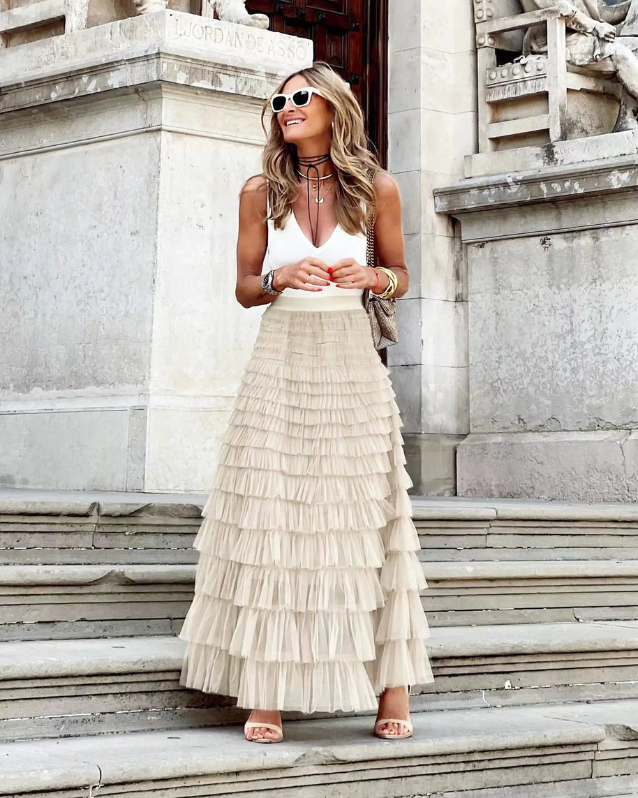 WW | Lässig Damen Solide Ballkleid Lange Rock Tüll Hohe Taille Plissierte Tutu Rock Elegante Damen Wildes Netz Dating Maxi Röcke Drop