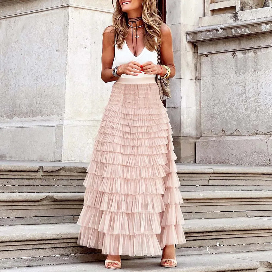 WW | Lässig Damen Solide Ballkleid Lange Rock Tüll Hohe Taille Plissierte Tutu Rock Elegante Damen Wildes Netz Dating Maxi Röcke Drop