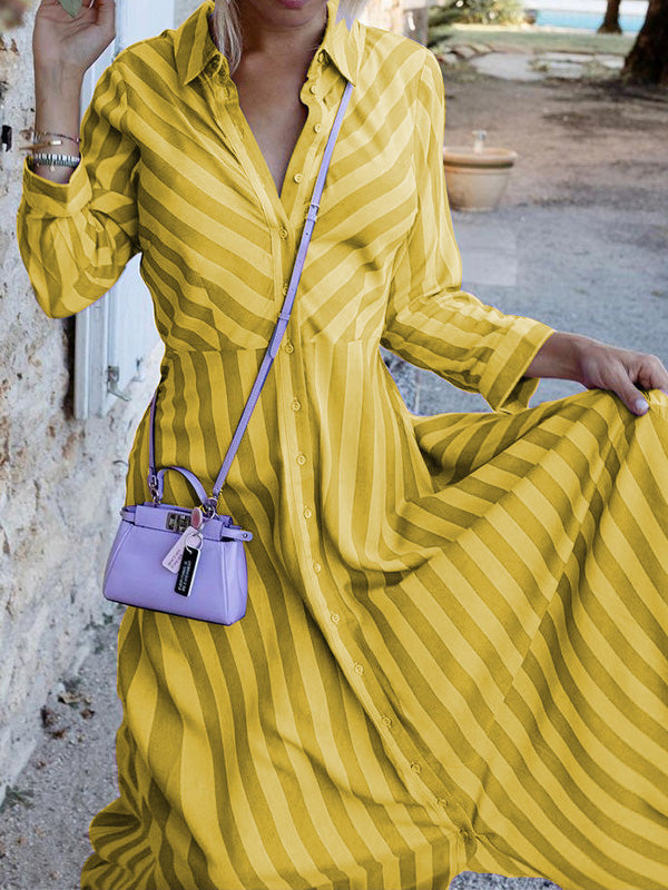 WW | Damen Kleider Gestreift Revers Knopf Langarm Hemdblusenkleid