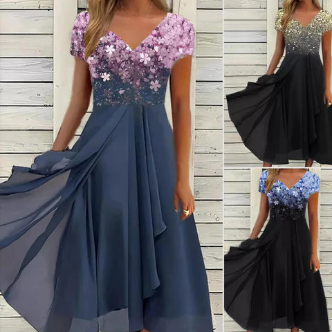 Luméa™ – Elegantes Abendkleid mit Blumen-Glanz, V-Ausschnitt & fließendem Rock für festliche Anlässe