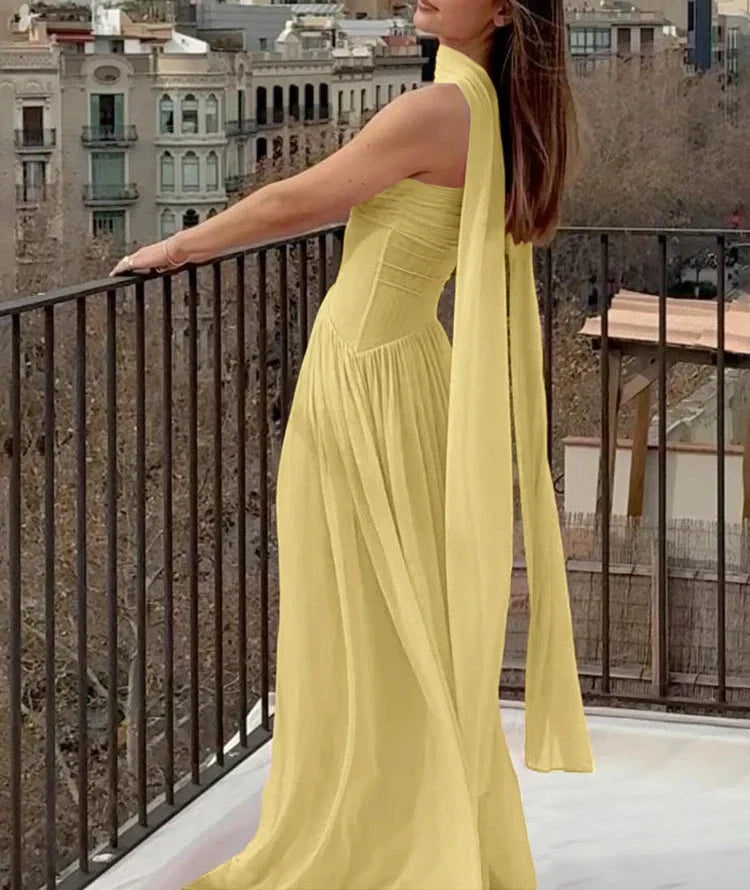 WW | Patchwork Maxi Kleid Schal Rückenfrei Strapless Rüschen Bankett