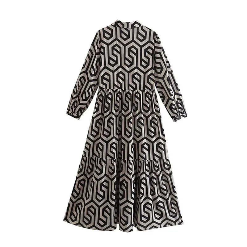 WW | Langarm Maxikleid mit Geometrischem Druck für Frauen Winsett