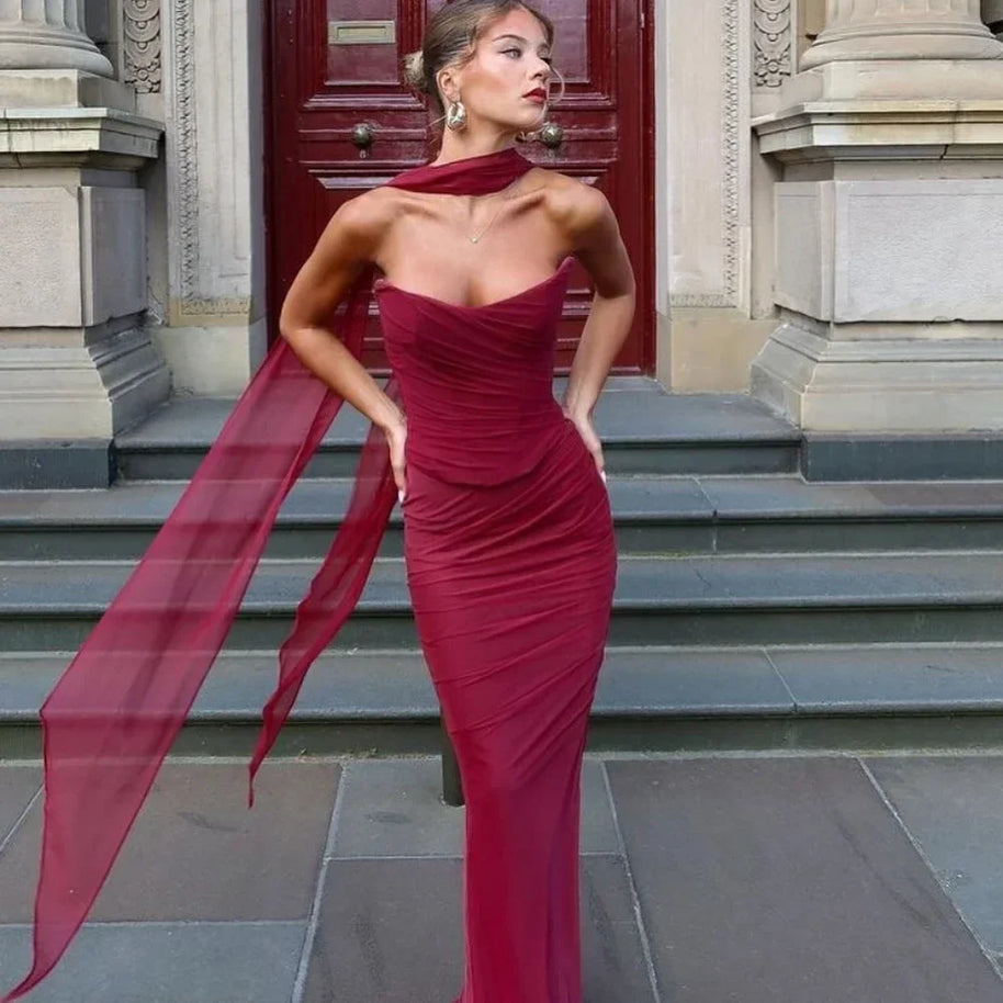 WW | Elegante Frauen 2 Teiliges Kleid Set Strapless Bodycon Crop Top und Maxi Rock Set Formelles Hochzeitsgast Festkleid