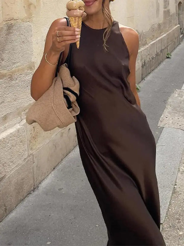 WW | Einfarbiges Satin Ärmelloses Maxikleid