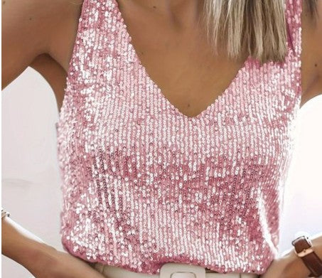 WW | Damen Glitter Pailletten V-Ausschnitt Top Ärmelloses Shirt Top Für Frauen
