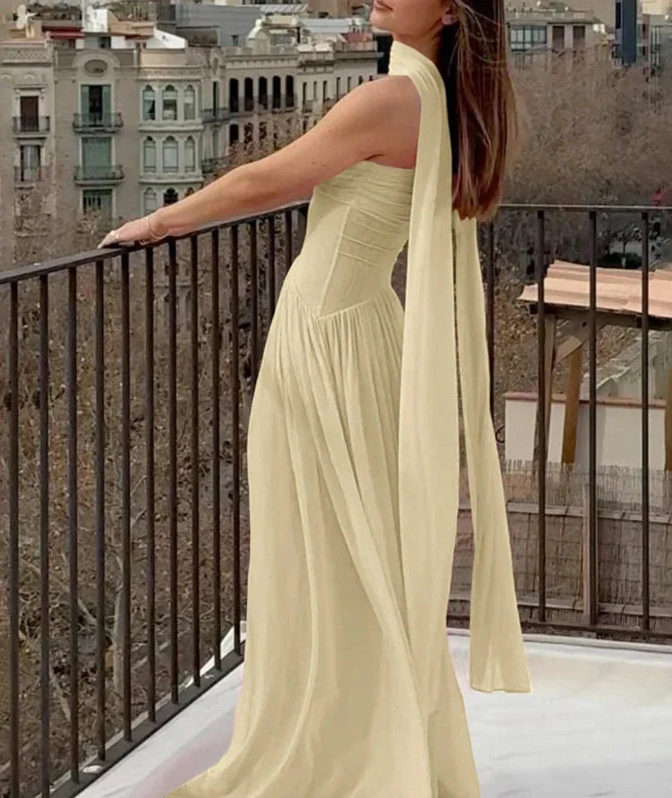 WW | Patchwork Maxi Kleid Schal Rückenfrei Strapless Rüschen Bankett