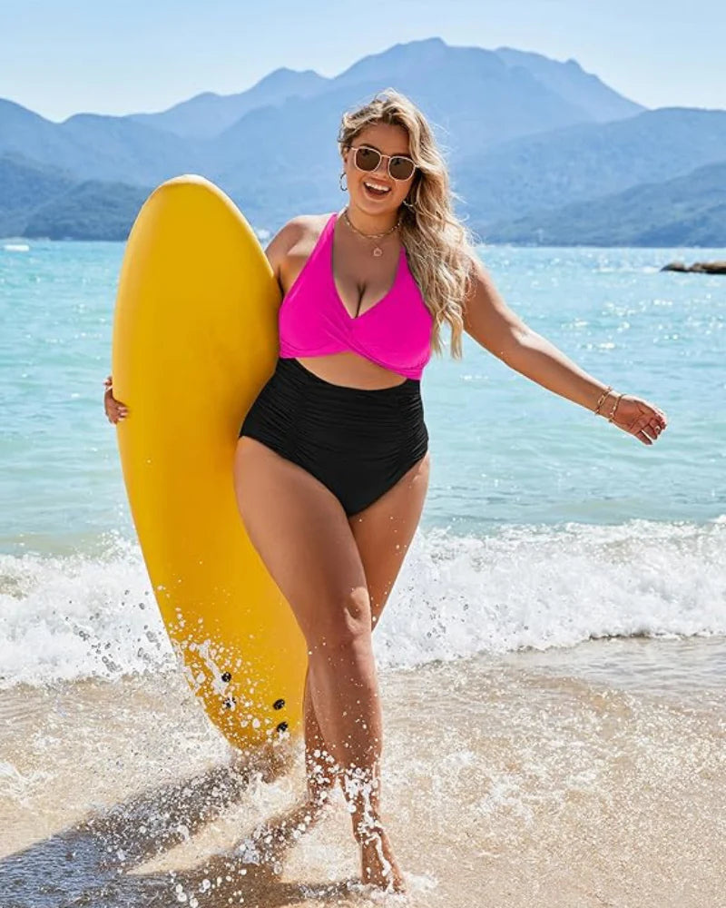 WW | Damen Einteiler Badeanzüge Push Up Bauchkontrolle Badeanzüge V-Ausschnitt Cutout Anständige Bademode