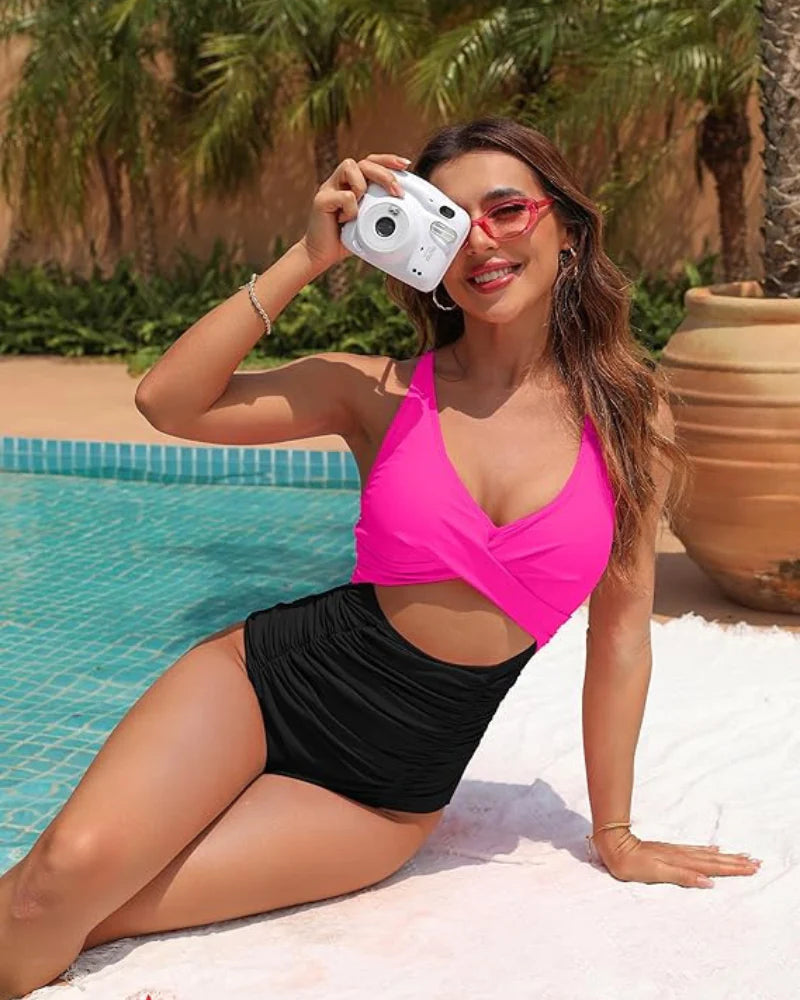 WW | Damen Einteiler Badeanzüge Push Up Bauchkontrolle Badeanzüge V-Ausschnitt Cutout Anständige Bademode