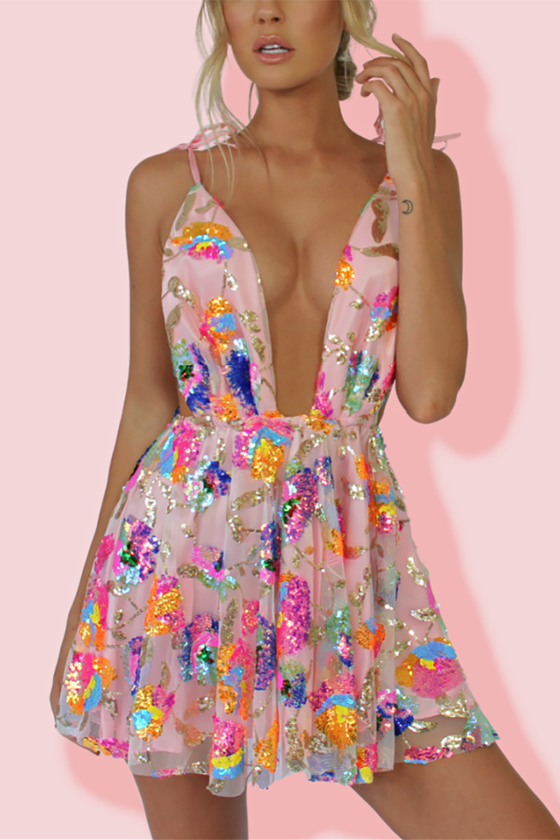 WW | Regenbogen Pailletten Offene Rücken Slip Mini Kleid