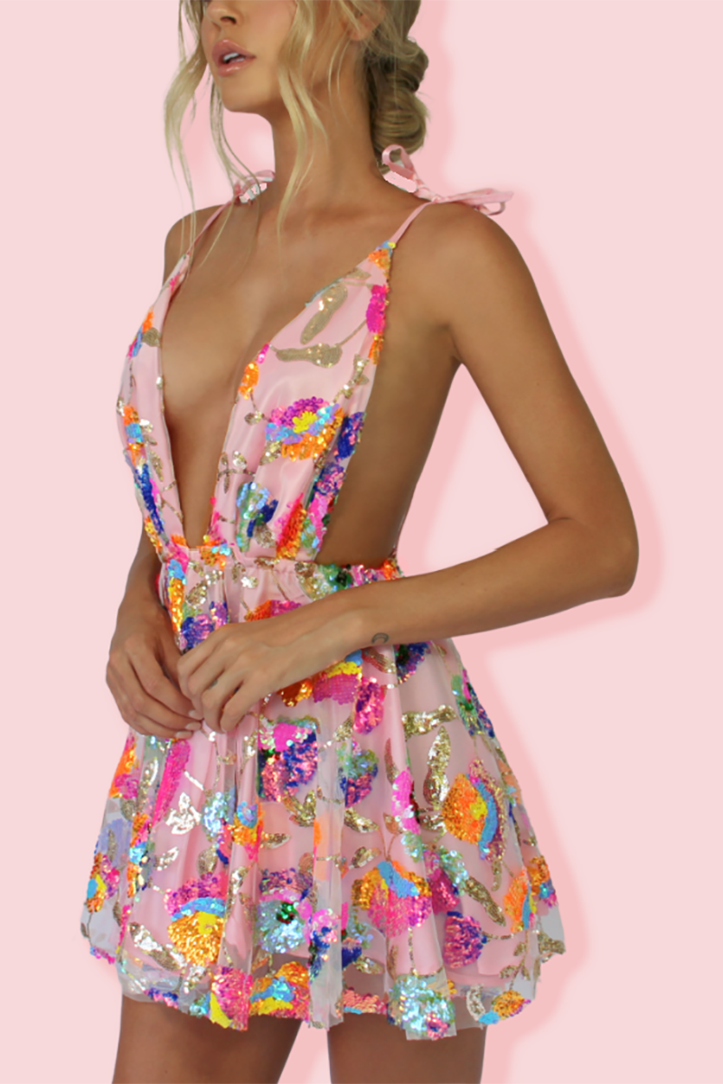 WW | Regenbogen Pailletten Offene Rücken Slip Mini Kleid
