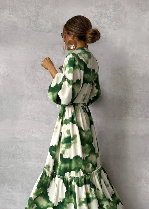 WW | Elegantes Grünes Maxikleid mit V-Ausschnitt und Langen Ärmeln
