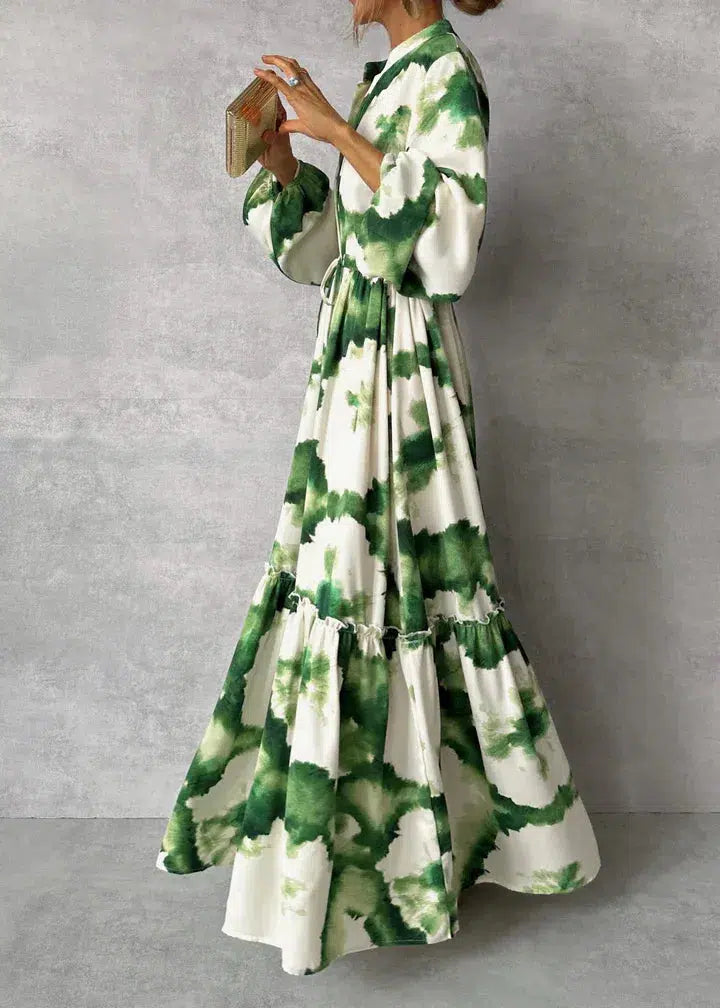 WW | Elegantes Grünes Maxikleid mit V-Ausschnitt und Langen Ärmeln