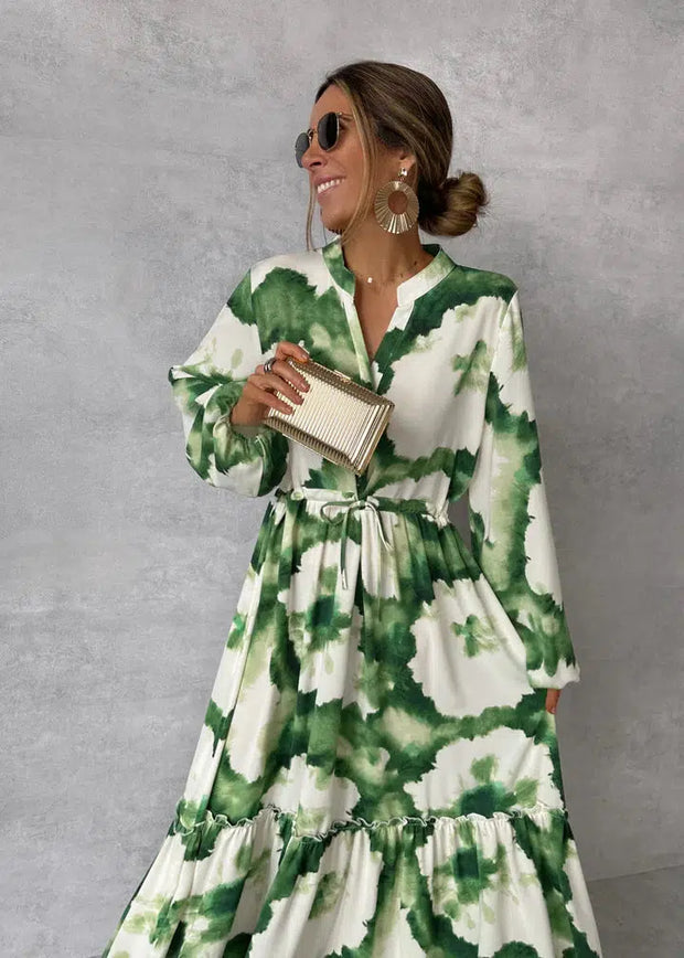 WW | Elegantes Grünes Maxikleid mit V-Ausschnitt und Langen Ärmeln