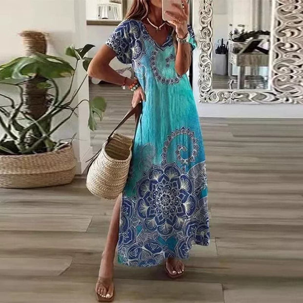 WW | Buntes Maxi-Kleid mit V-Ausschnitt