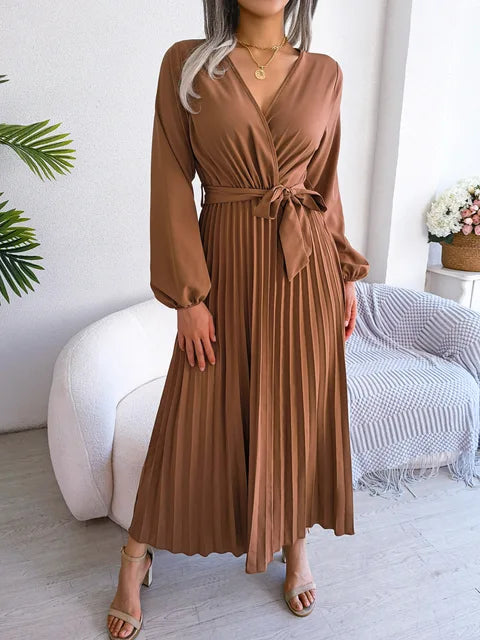 WW - Damen V-Ausschnitt Plissiertes Maxikleid Langarm